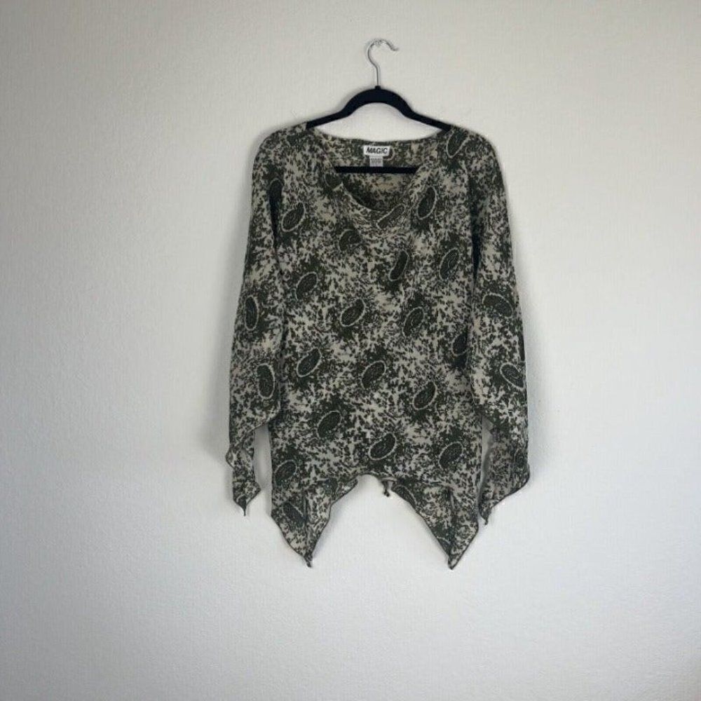 Vintage Magic Woman’s Tunic Paisley Green Bohemian Flared Sleeve Blouse Large